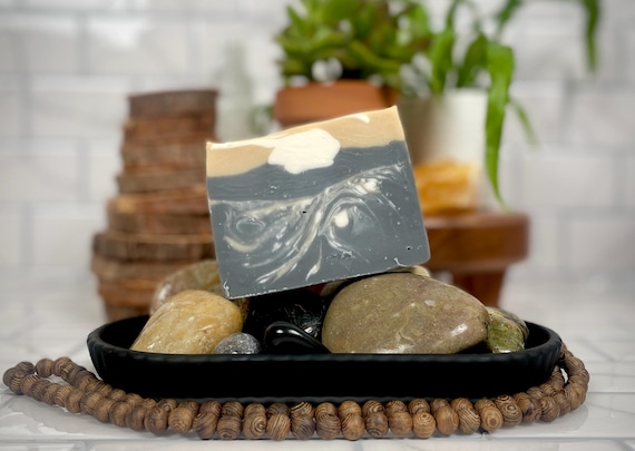 BACKWOODS Handmade Cold Process Soap 5oz | Gift for Him | Woodsy Spicy Scent | Masculine Scent | Moisturizing | Black, White & Gold Swirl