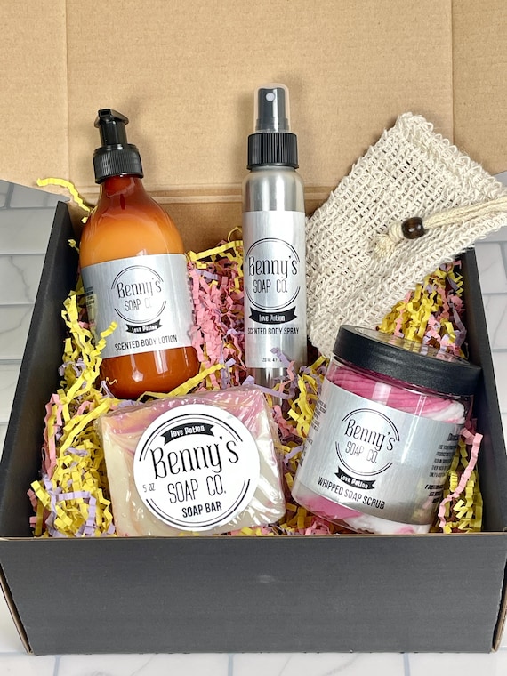 LOVE POTION Total Body Care KIT | Lotion | Scrub | Handmade Soap | Body Spray | Soap Sock | Self Care Bundle | Sweet & Fruity