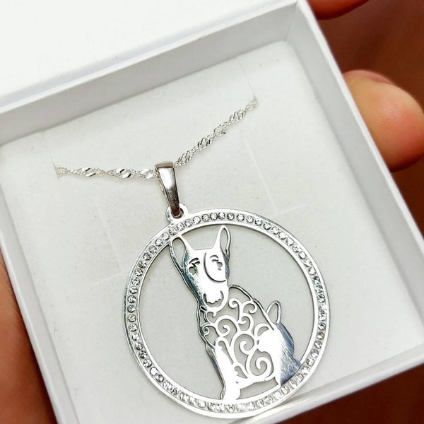 Pendentif collier bijoux Bull terrier avec cristaux swarovski-Argent sterling-Collier personnalisé pour animal de compagnie-Cadeau pour amoureux des chiens-Mémorial pour animal de compagnie