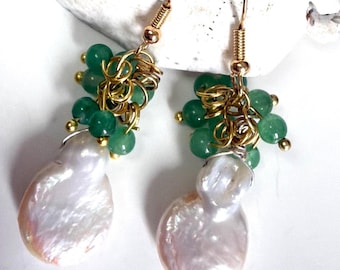 Orecchini a grappolo con perle Keshi e avventurina, orecchini boho con pietre preziose per donna, regalo per damigelle d'onore.