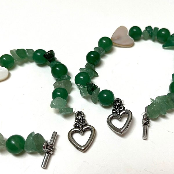 Green Aventurine Healing Bracelet Set, Couple Good Luck Stone Bracelet, MOP Heart Bracelets, Healing Crystal Bracelet, Mom Daughter Jewelry