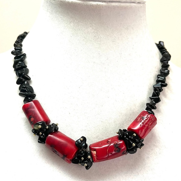 Red Coral and Black Jasper Necklace, Natural Coral Beaded Necklace, Raw Gemstone Boho Necklace, Gift For Her, Women Jewelry Gift