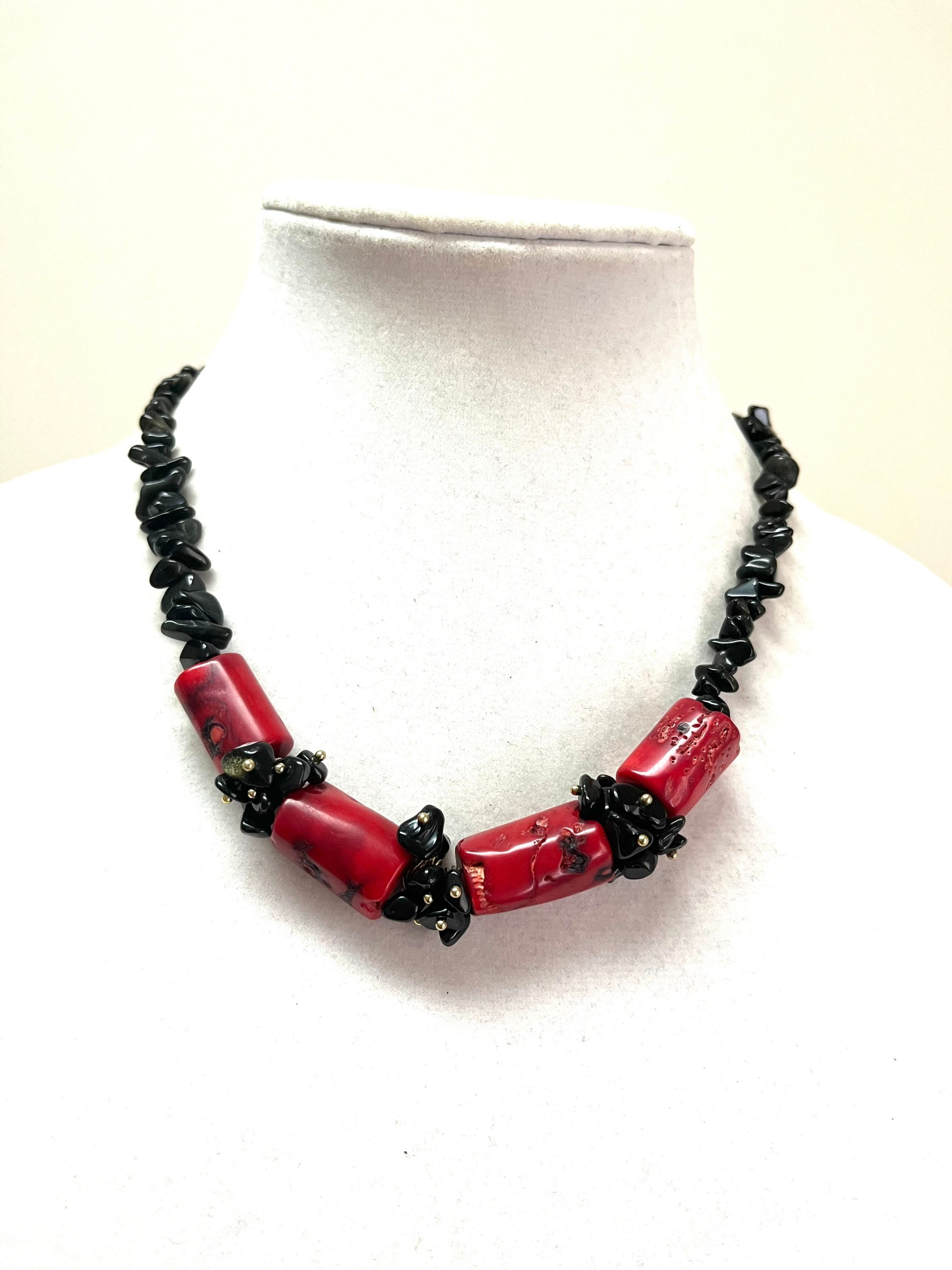 Red Coral and Black Jasper Necklace Beaded Necklace Red and - Etsy