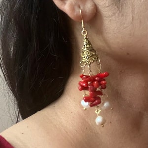 Red Coral & Pearl Dangle Earrings: Boho Gemstone Jewelry
