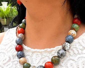 Colorful Beaded Necklace Set for Women– Ceramic Boho Chunky Necklace, Bold Statement Jewelry Gift