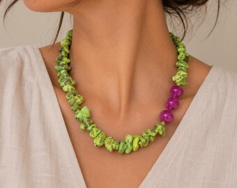Natural Stone Necklace, Lime Green Howlite Beaded Necklace, Boho Jewelry Gift For Women