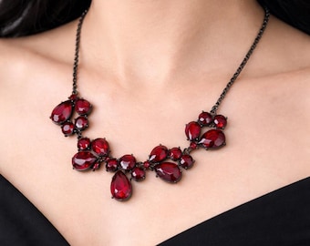 Vintage Red Rhinestone Necklace Set, Red Prom Choker, Earrings, Jewelry Gift for Women