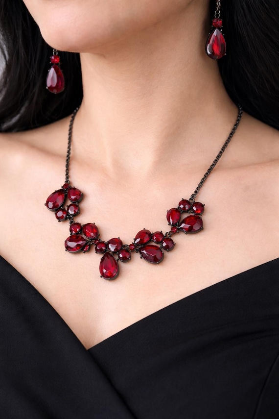 Vintage Red Rhinestone Necklace Set, Red Prom Choker, Earrings, Jewelry Gift for Women
