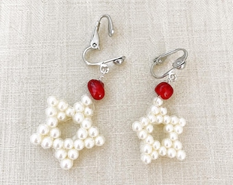 Red Coral Faux Pearl Star Clip-On Earrings, Christmas Earrings, Hand-Beaded Pearl Non-Pierce Earrings, Holiday Jewelry Gift for Her