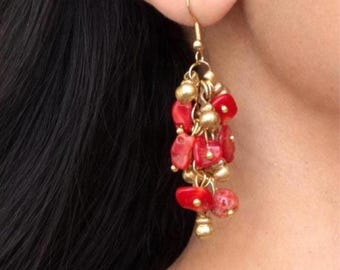 Red Coral Cluster Earrings For Women, Gold Plated 925 Silver Bead, Beaded Jewelry