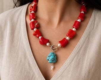 Collar largo de coral rojo y turquesa: Collar grueso de piedras preciosas estilo boho para mujer