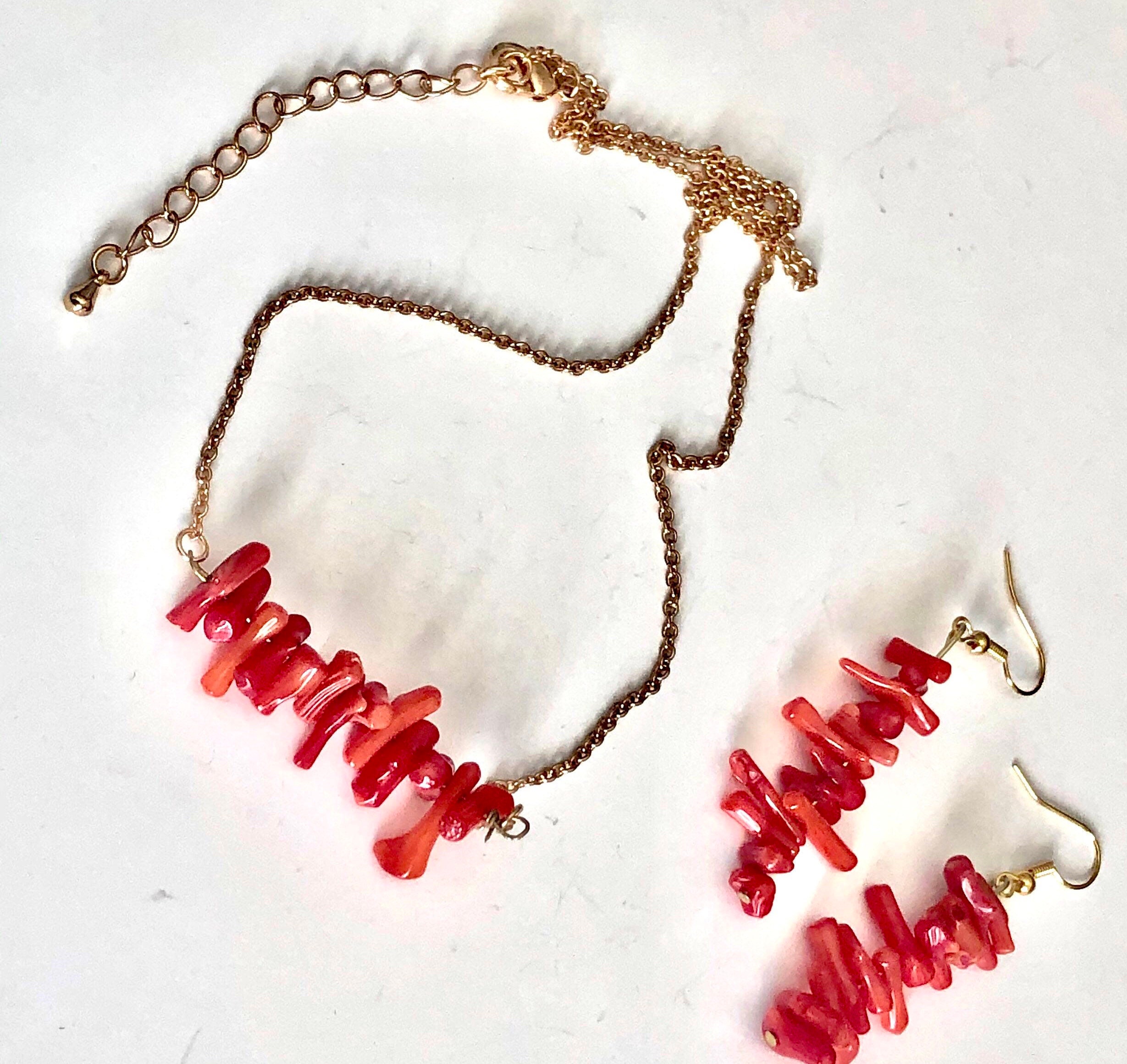 Red Coral Bar Layered Necklace, Red and Gold Necklace, Coral Earrings 