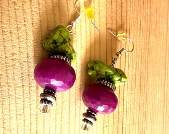 Lime Green and Purple Beaded Earrings, Howlite Nugget Earrings, Green Chunky Boho Earrings For Women