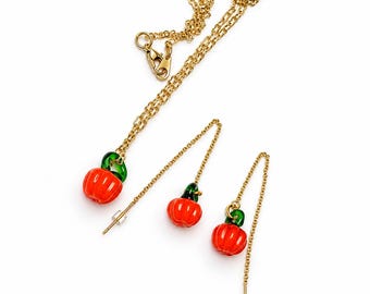 Pumpkin Necklace Earrings Set, Lampwork Pumpkin Threader Earrings, Gold Tone Fall Jewelry Gift