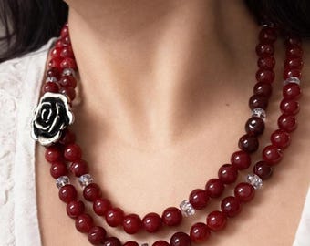 Cherry Red Agate Statement Necklace Two Strand Artisan Beaded Bridal Gemstone Jewelry Gift Set
