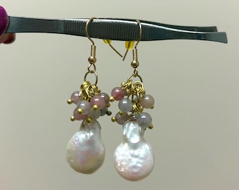 Keshi pearl & Sunstone Cluster Earrings, Pearl Statement Earrings For Women, Bridal Bridesmaids Gift