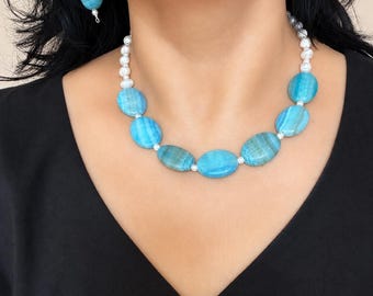Natural Blue Agate Stone Necklace, Stipe Agate Necklace, Freshwater Pearls Beaded Jewelry Gift For Women