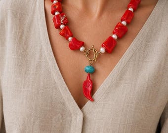 Collar largo de perlas y coral rojo, collar de cuentas rojas, joyería bohemia con piedras preciosas, regalo de 35 aniversario