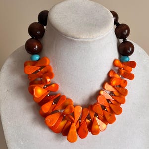 Orange Coral & Wood Beaded Necklace: Fall Statement Jewelry