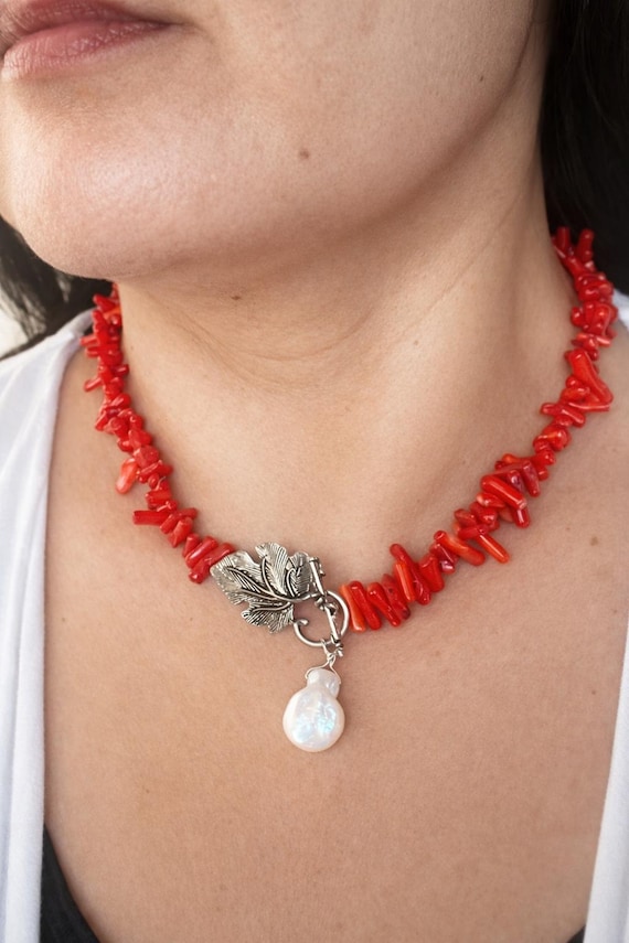 Red Coral Women Necklace, Baroque Pearl Silver Floral Clasp, Summer Beach Jewelry