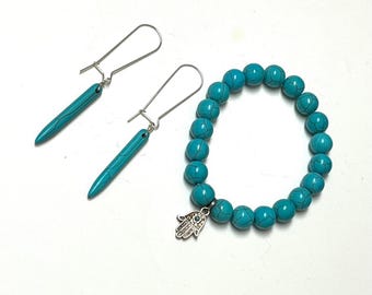Turquoise Howlite Bracelet and Earrings Set, Turquoise Stretch Bracelet with Hamsa Charm, Spike Stone Earrings, December Birthstone Gift