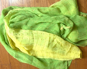 Vintage Shaded Georgette Silk Scarf: Large Stole wrap, Green & Yellow Zari Check Shawl