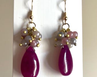Purple Jade & Sunstone Cluster Earrings, Bridal Bridesmaids Statement Earrings Gift