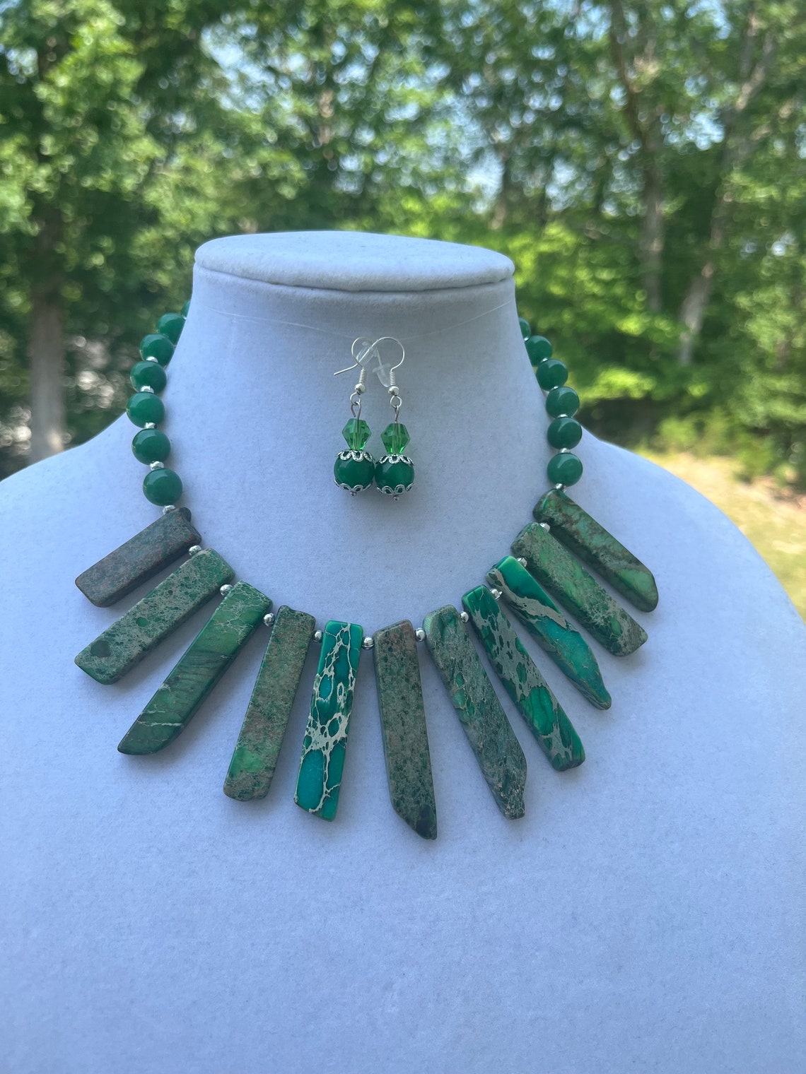 Green Beaded Necklace Imperial Jasper Fan Necklace Etsy