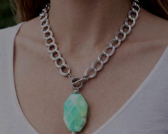 Collier à grosse chaîne en argent avec pendentif en jade vert - Bijou en pierre précieuse - Cadeau d'anniversaire pour femme