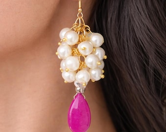 Orecchini a grappolo di perle, goccia di pietre preziose rosa o viola, gioielli artigianali, regalo per damigelle d'onore