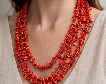 Conjunto de collar llamativo de coral rojo, joyería bohemia gruesa con cuentas rojas para mujer, regalo de 35 aniversario