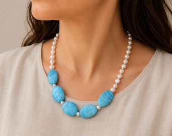 Natural Blue Agate Stone Necklace, Freshwater Pearls Beaded Necklace, Jewelry Gift For Women