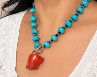 Turquoise Coral Lariat Necklace Set, Chunky Coral Pendant, Turquoise Boho Earrings, Beaded Necklace, Gemstone Jewelry Gift for Women