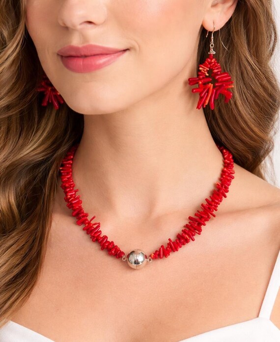 Natural Red Coral Necklace With Magnet Clasp Beaded Boho Artisan Statement Earrings Women Gift