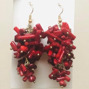 Red Coral Cluster Earrings: Boho Gemstone Dangle, Sterling Silver