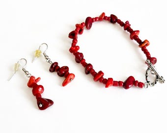 Red Coral Bracelet Earrings Set, Red Coral Jewelry Set, Holiday Jewelry Gift, Valentine jewelry Gift, Anniversary Gift For Her