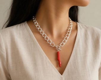 Coral Branch Pendant Necklace, Bold Chunky Silver Cable Chain Necklace and Red Coral Pendant, Gemstone Jewelry For Women