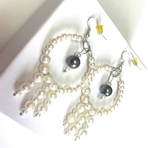 White Glass Pearl Hoop Earrings: Bridal Statement Jewelry