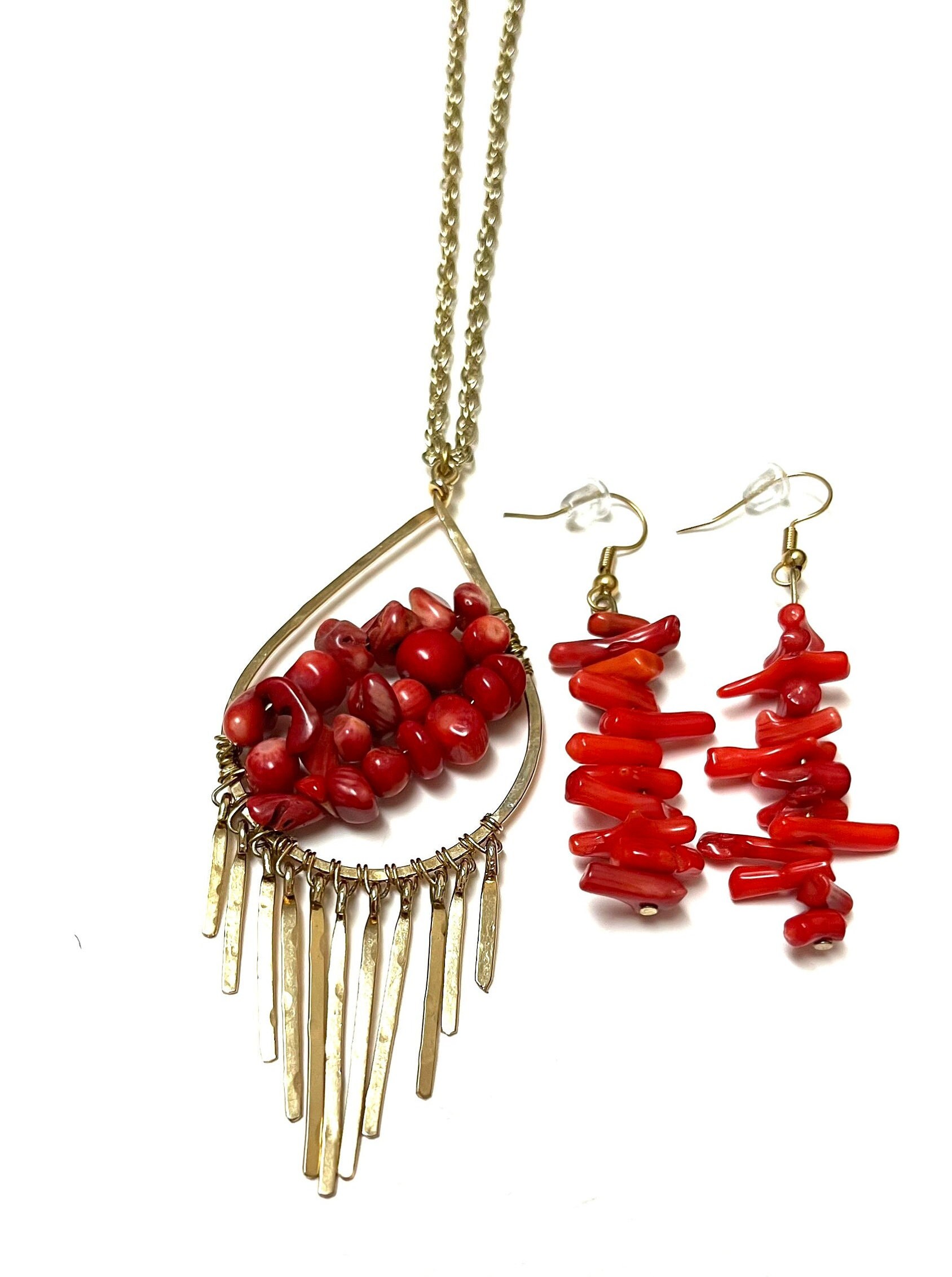 Red Coral Pendant Necklace Raw Coral Beaded Necklace Etsy UK