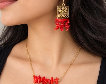 Red Coral Chandelier Earrings Set: Gold Tone Dangle Statement Earrings
