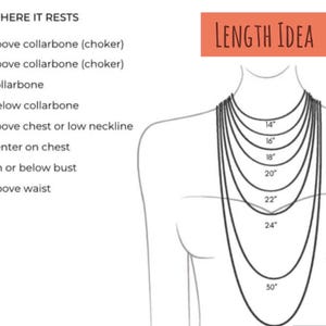 Puede incluir: Diagrama que ilustra las longitudes de los collares, mostrando c&oacute;mo diferentes longitudes de cadena se ven en el cuerpo. La imagen incluye una tabla con medidas de 35,5 cm a 91,4 cm, indicando d&oacute;nde descansa cada longitud en el torso.