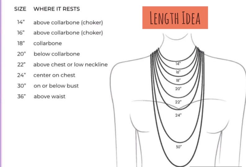 Puede incluir: Diagrama que ilustra las longitudes de los collares, mostrando c&oacute;mo diferentes longitudes de cadena se ven en el cuerpo. La imagen incluye una tabla con medidas de 35,5 cm a 91,4 cm, indicando d&oacute;nde descansa cada longitud en el torso.