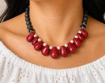 Rött och svart halsbandsset, halsband med jade och lavasten, röda örhängen, julsmycken, present till kvinnor