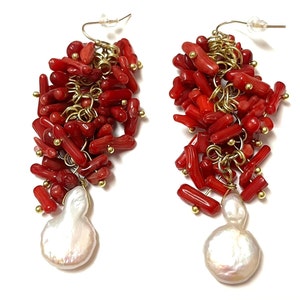 Red Coral & Baroque Pearl Dangle Earrings: Statement Bridal Jewelry
