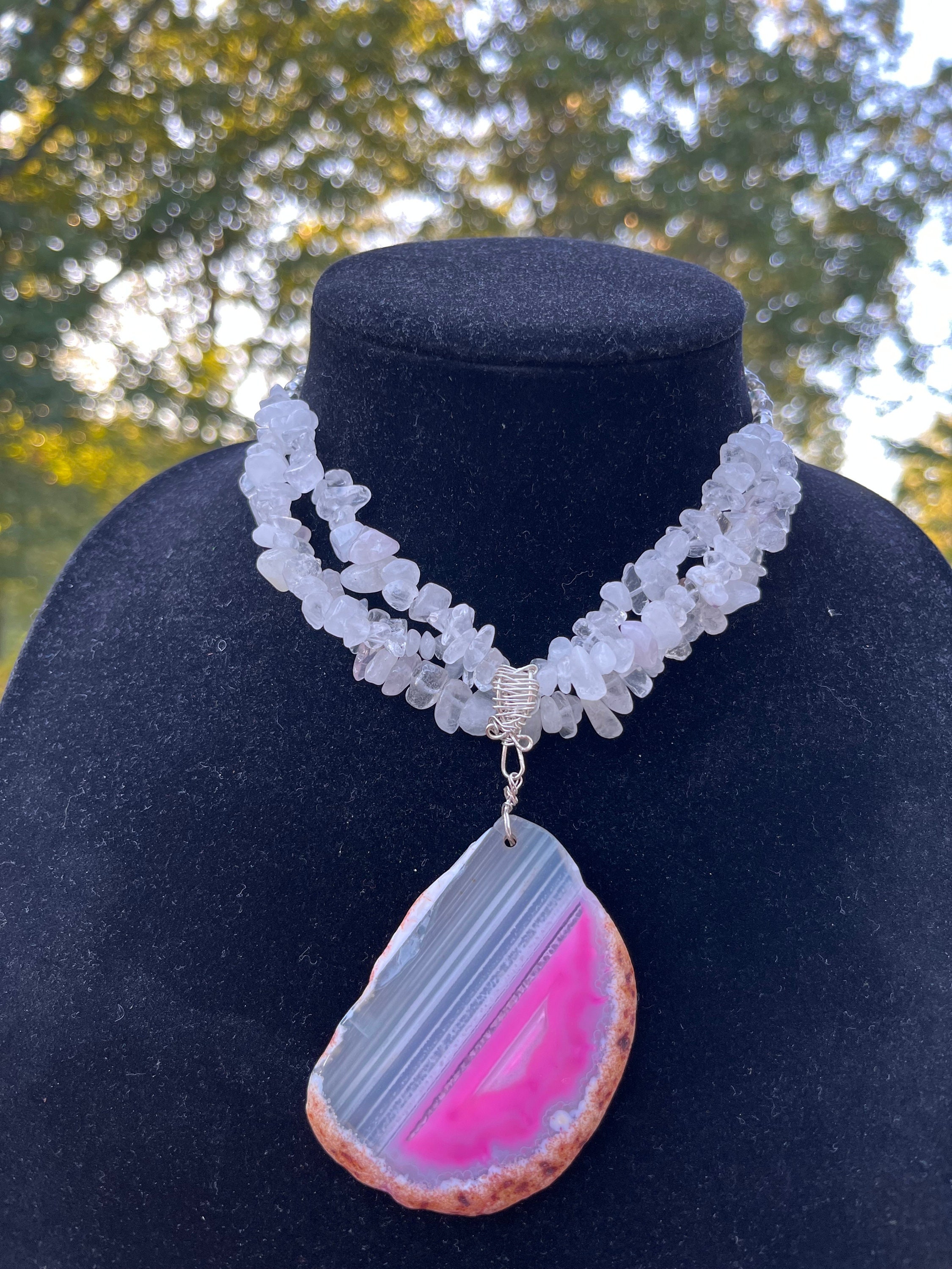 White Quartz Chip Necklace, Pink White Chunky Necklace, Pink Agate Pendant Necklace, Gemstone