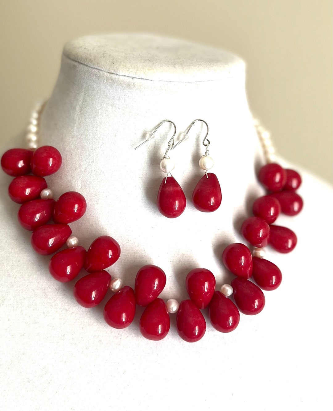 Red Necklace Jewelry Set Red Necklace Earrings Jade Pearl Etsy