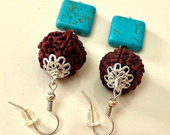 5 Mukhi Rudraksha Bedaded Earrings: Turquoise & Silver Plated, Earthy Jewelry,