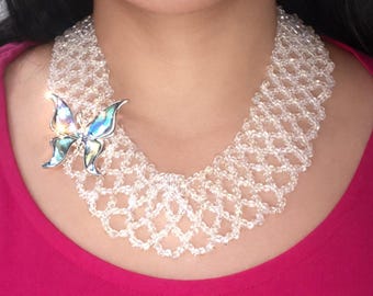 Ensemble de collier de mariée blanc tissé à la main, collier plastron audacieux pour femme, broche papillon en véritable coquillage, bijou cadeau