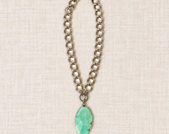 Green Jade Pendant, Chunky Silver Chain Necklace, Gemstone Jewelry Gift for Women