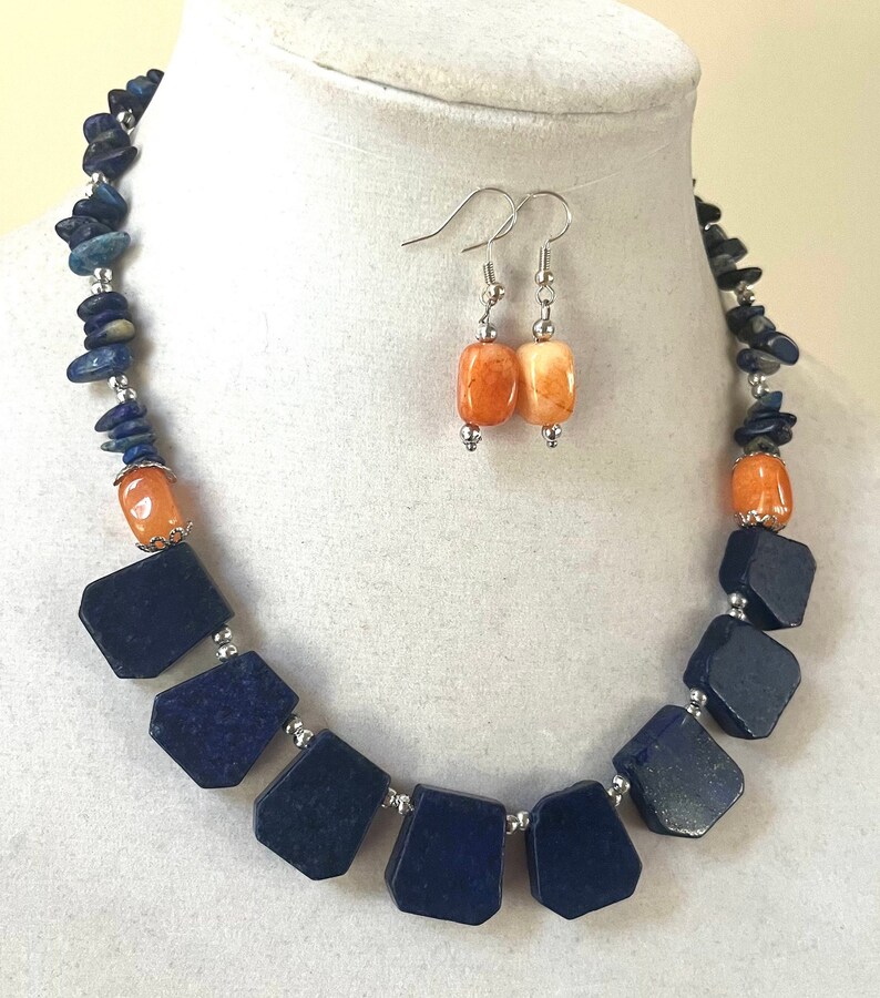 Lapis Beaded Necklace Earrings, Blue Stone Necklace, Blue Necklace Set